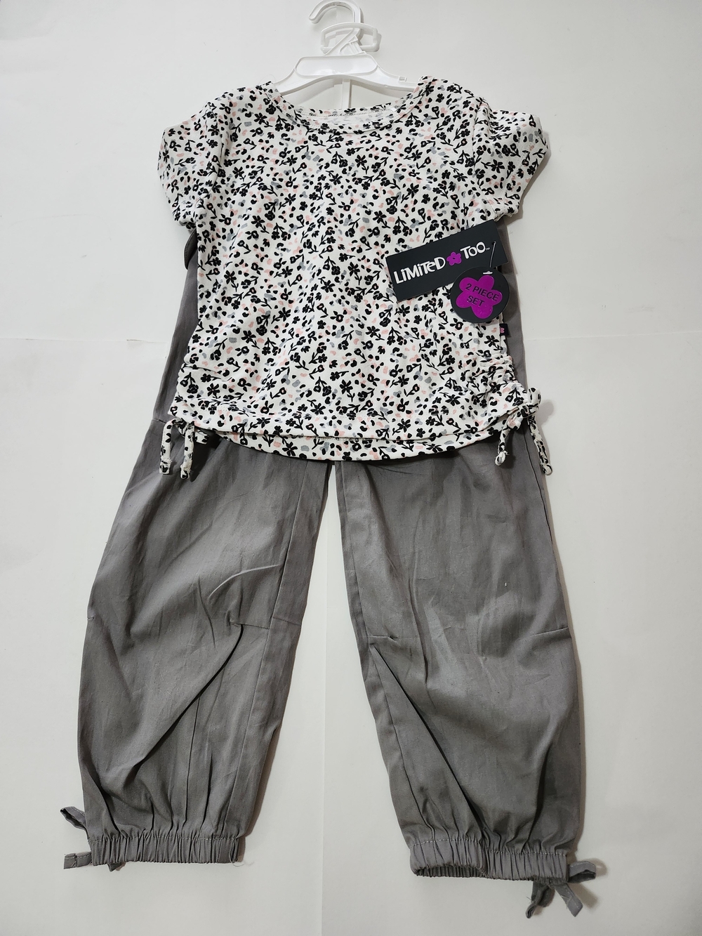 Limited Too White Floral Drawstring Top with Gray Pants Set